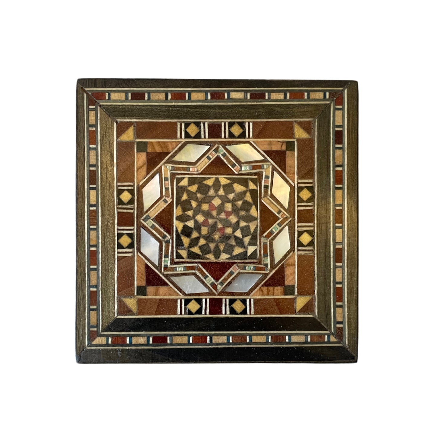 Handmade wooden mosaic square box, inlaid with mother-of-pearl