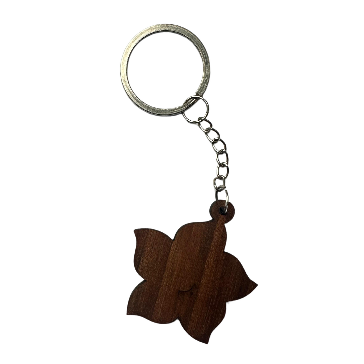 3 handmade wooden key rings, inlaid with mother-of-pearl