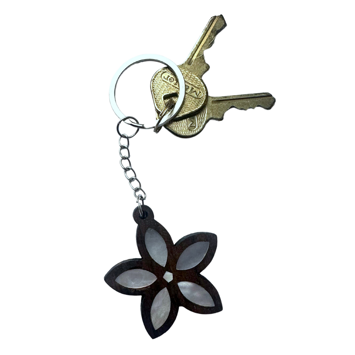 3 handmade wooden key rings, inlaid with mother-of-pearl