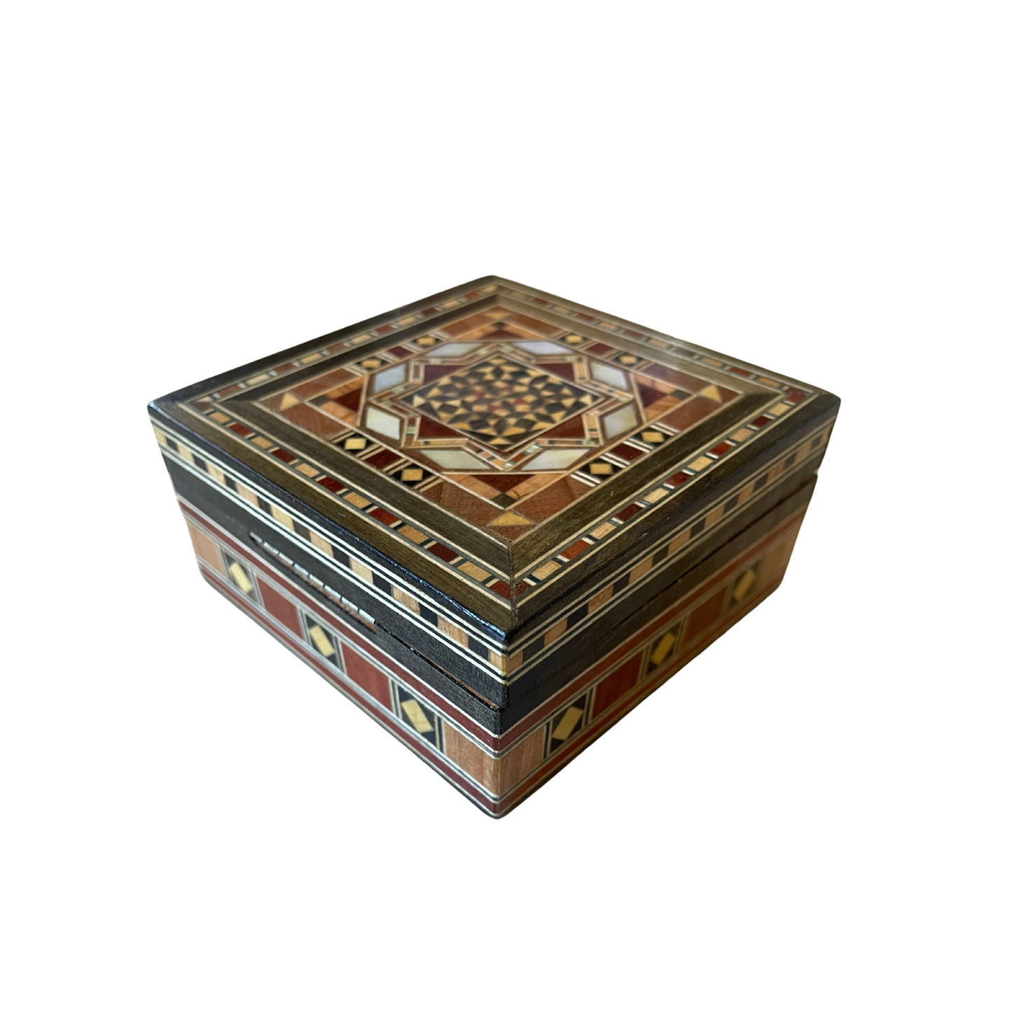 Handmade wooden mosaic square box, inlaid with mother-of-pearl