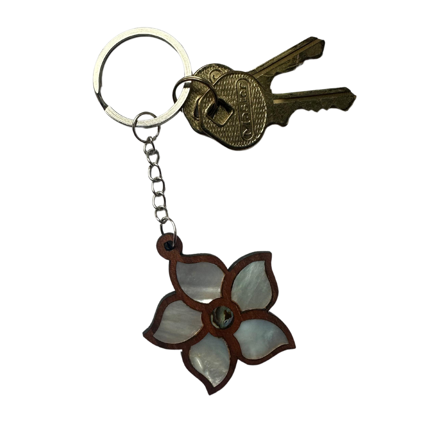 3 handmade wooden key rings, inlaid with mother-of-pearl