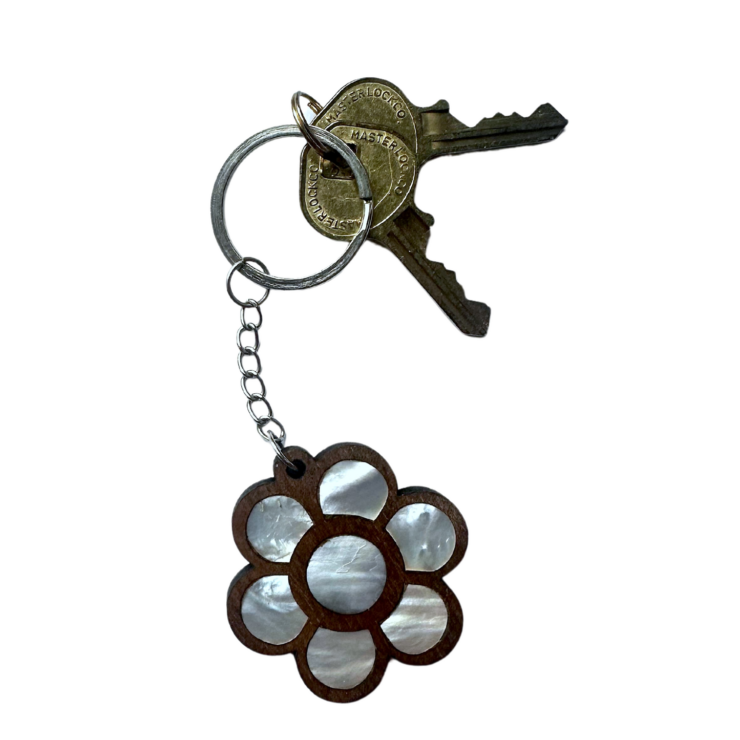 Key ring, in wood inlaid with mother-of-pearl