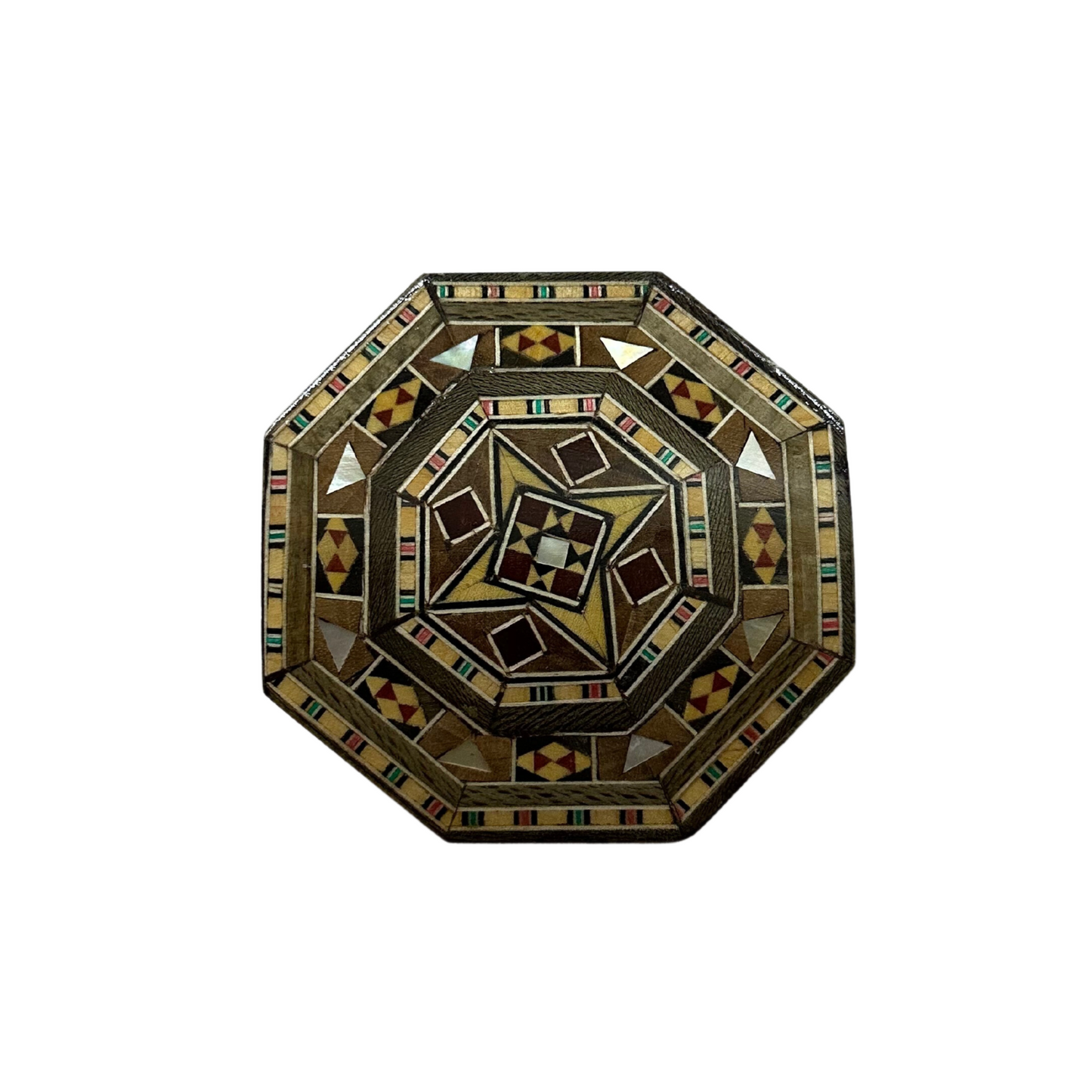 Arched mosaic box, in wood inlaid with mother-of-pearl