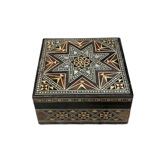 Jewelry box, handmade mosaic in wood and mother-of-pearl