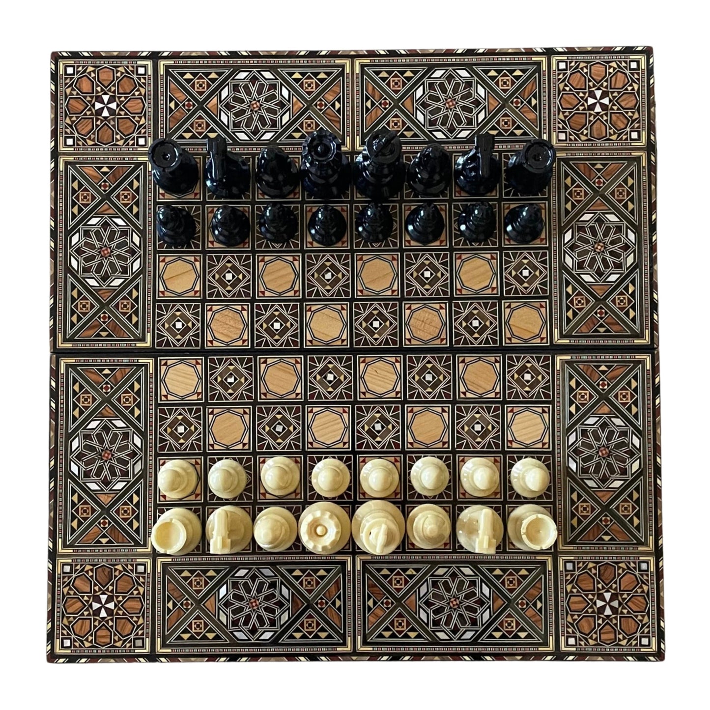 Échiquier et backgammon pliable en mosaïque, en bois incrusté de nacre. Pièces de backgammon incluses