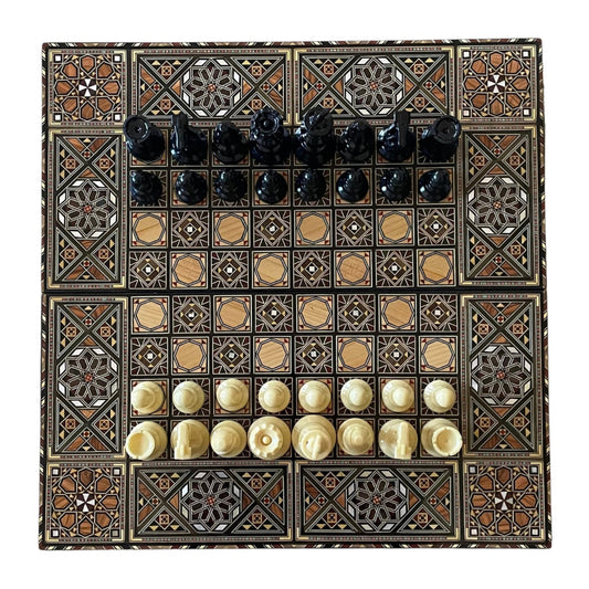 Foldable mosaic chess and backgammon board, made of wood inlaid with mother-of-pearl. Backgammon pieces included