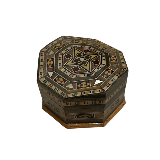 Arched mosaic box, in wood inlaid with mother-of-pearl