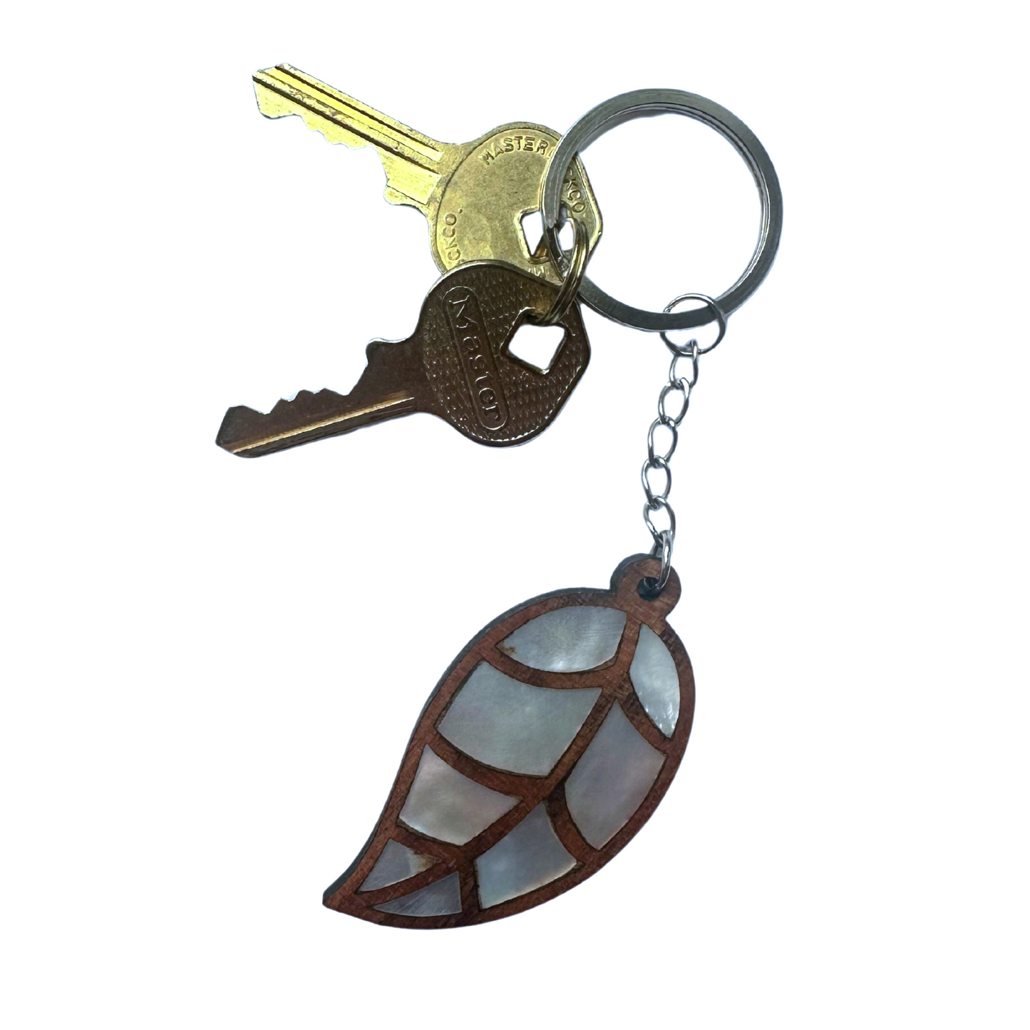 3 handmade wooden key rings, inlaid with mother-of-pearl