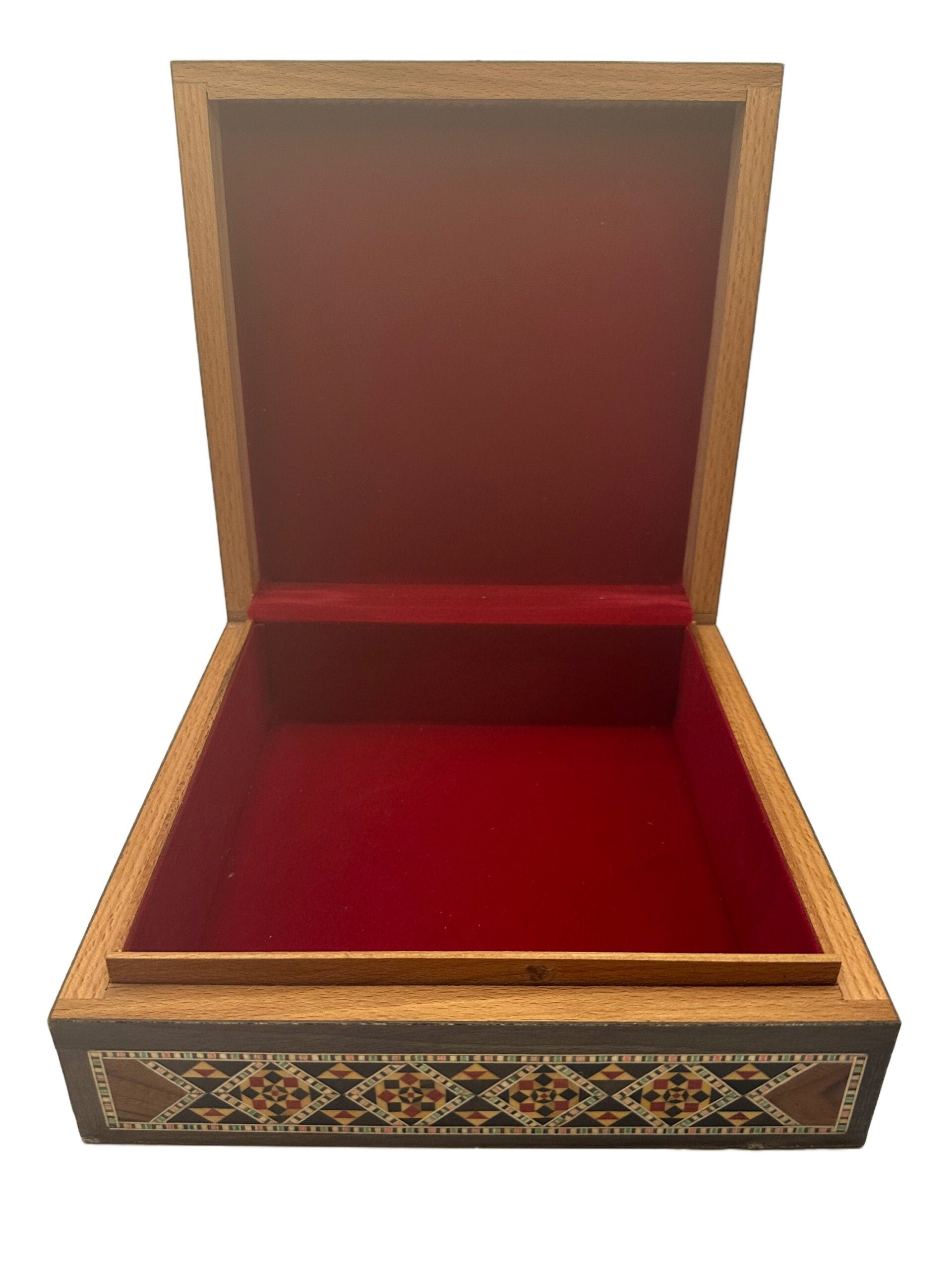 Coffret à bijoux en bois carré incrusté de nacre, fabriqué à la main avec une technique d'art mosaïque traditionnelle, cadeau.