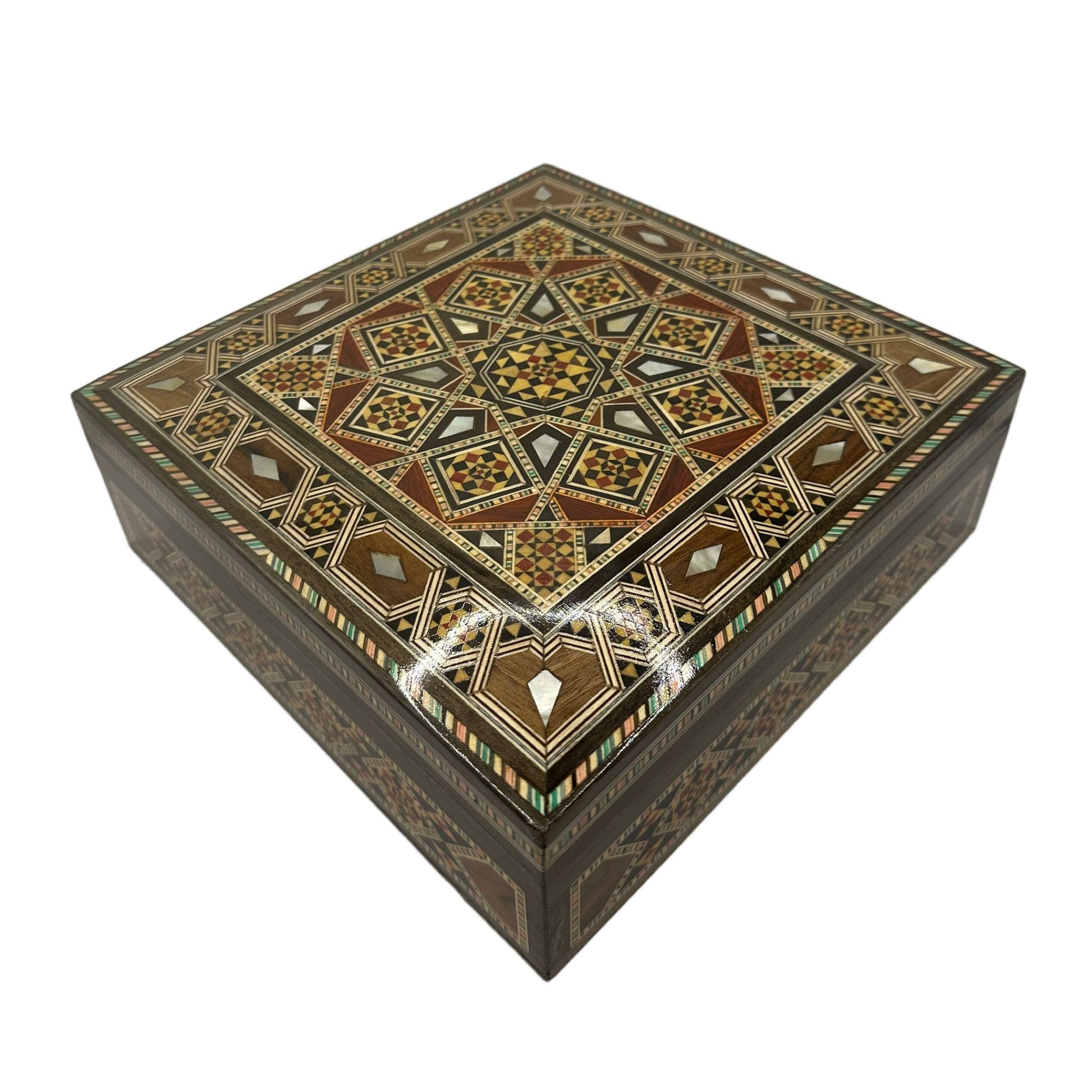 Coffret à bijoux en bois carré incrusté de nacre, fabriqué à la main avec une technique d'art mosaïque traditionnelle, cadeau.