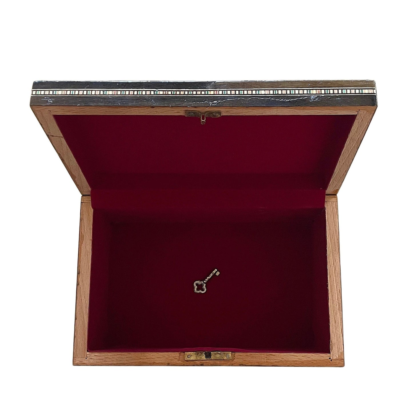 Coffret à bijoux en bois incrusté de nacre, fermable à clef. Fabriqué à la main avec une technique d'art mosaïque traditionnelle, cadeau.