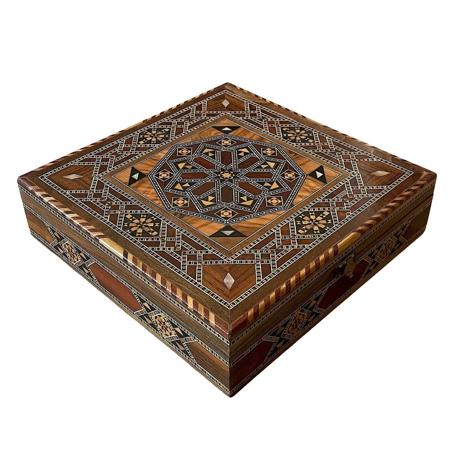 Coffret à bijoux en bois carré incrusté de nacre, fabriqué à la main avec une technique d'art mosaïque traditionnelle, cadeau.