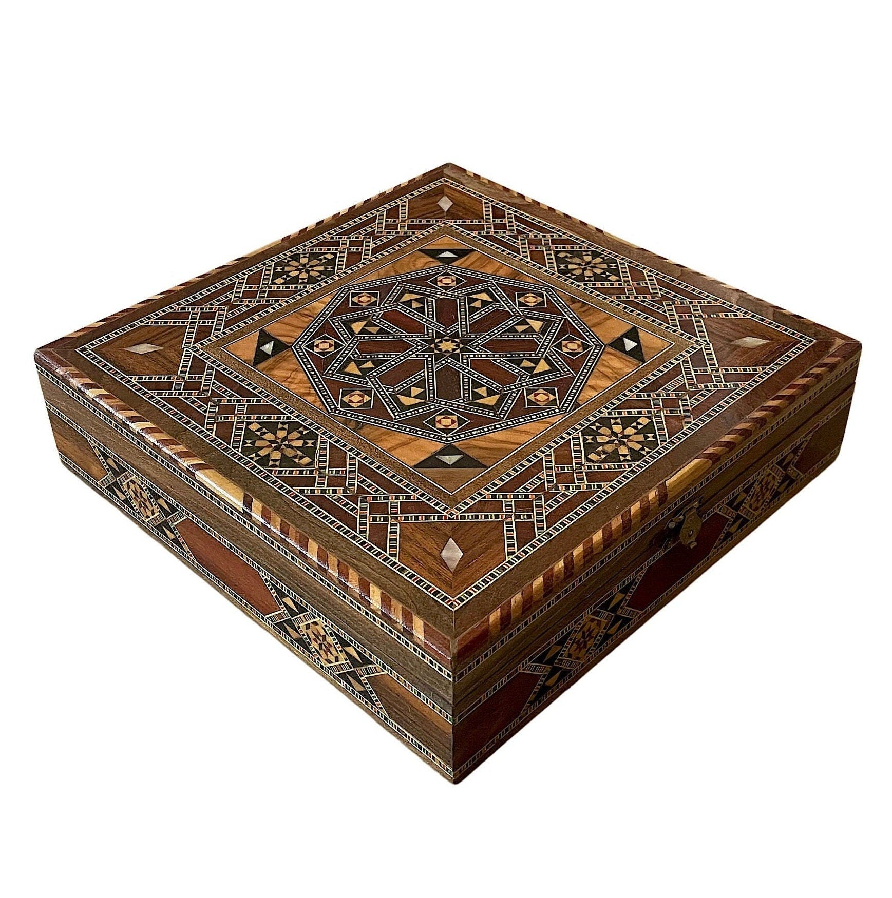 Coffret à bijoux en bois carré incrusté de nacre, fabriqué à la main avec une technique d'art mosaïque traditionnelle, cadeau.