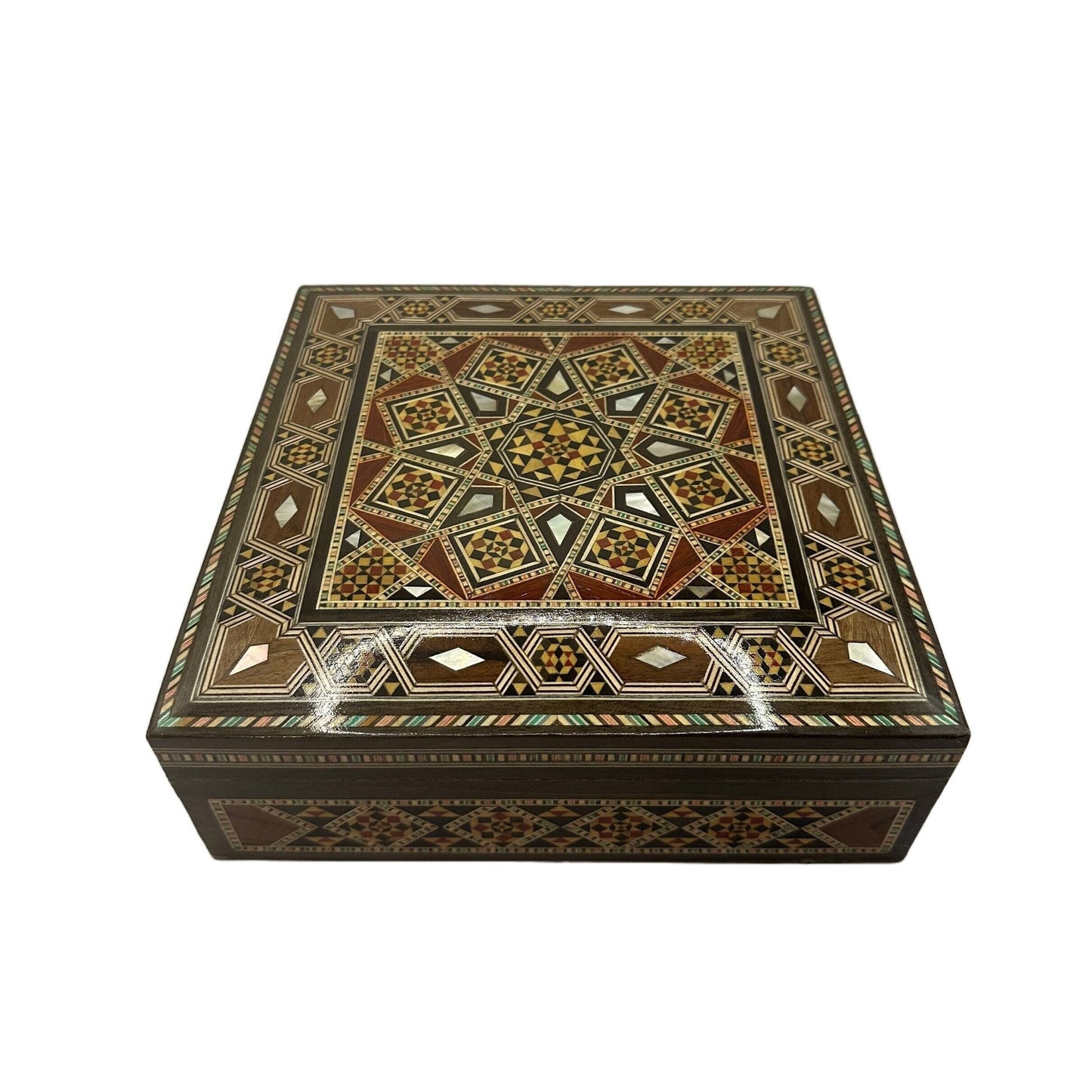 Coffret à bijoux en bois carré incrusté de nacre, fabriqué à la main avec une technique d'art mosaïque traditionnelle, cadeau.