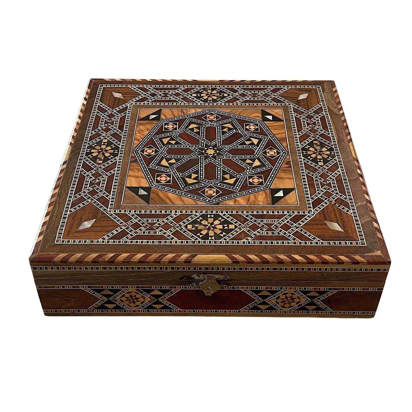 Coffret à bijoux en bois carré incrusté de nacre, fabriqué à la main avec une technique d'art mosaïque traditionnelle, cadeau.